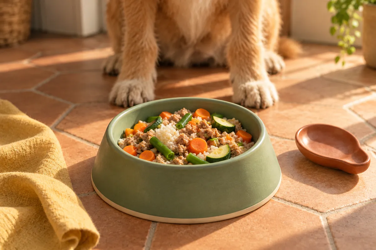 A bowl of home-cooked dog food on a tiled floor, a dog waiting behind it