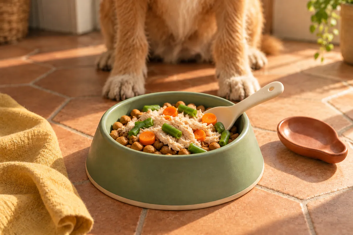 Dry kibble topped with fresh shredded chicken, carrots and green beans