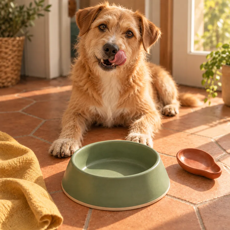 A happy dog licking its lips next to an empty bowl