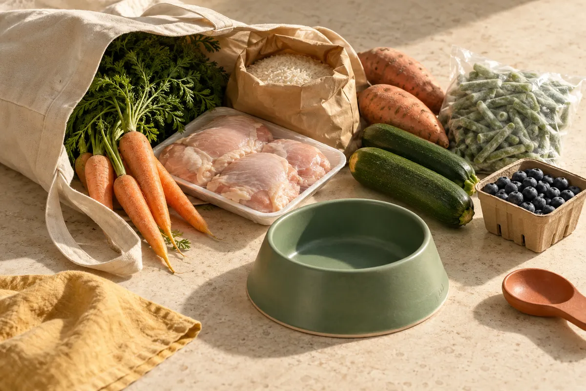 A week of groceries for a dog unpacked from one tote bag