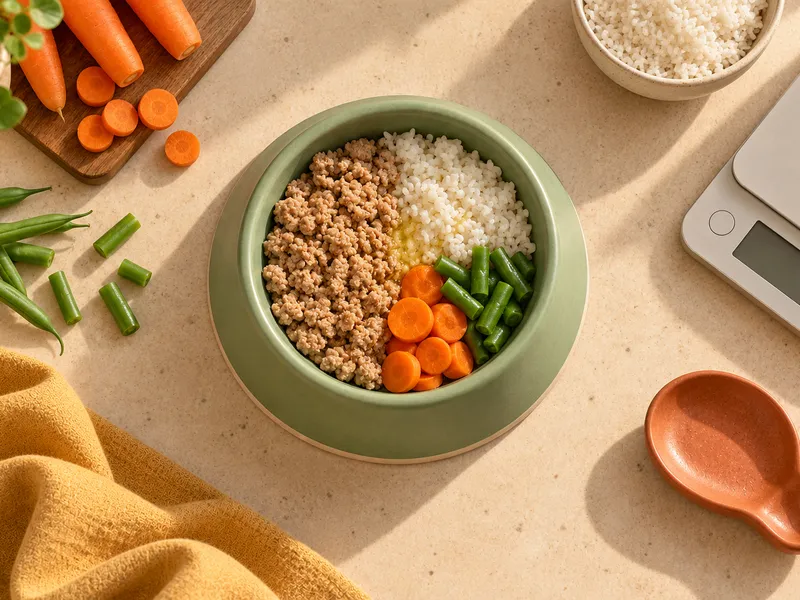 A bowl with ingredients arranged in wedges next to a kitchen scale