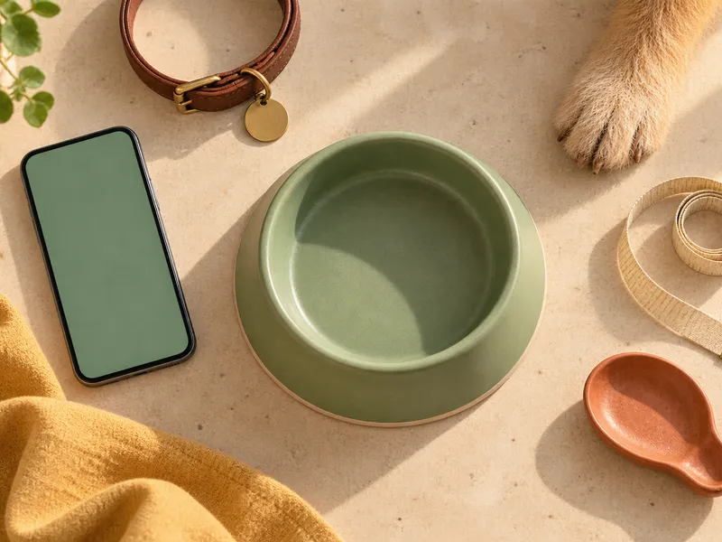A phone, a dog collar, a tape measure and an empty bowl on a counter