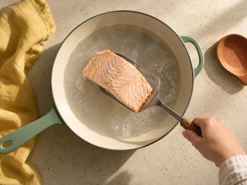 A salmon fillet poaching in a wide pan of simmering water