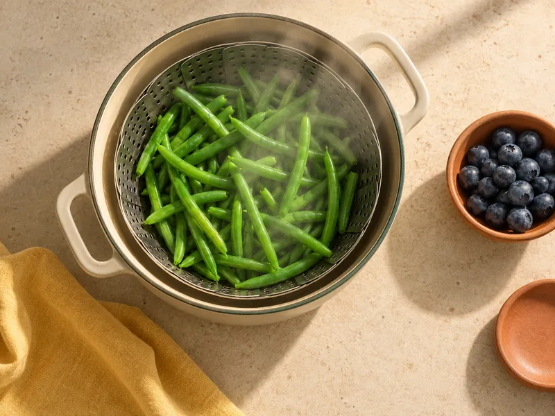 Green beans steaming in a basket